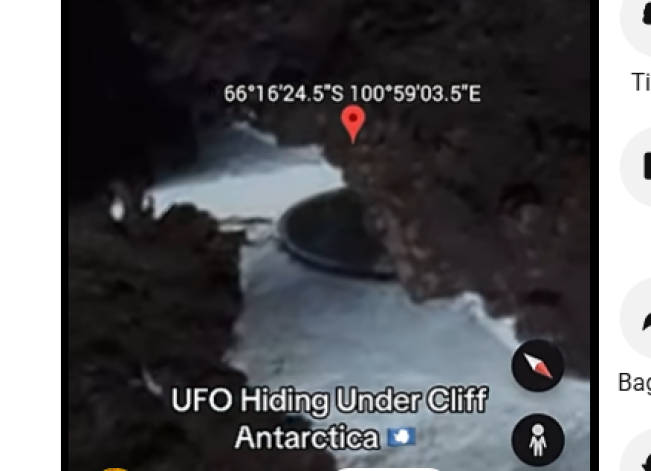 Penampakan UFO bersembunyi di bawah tebing di Antartika terlihat dari Google Maps/Foto: tangkap layar YouTube @ScottWaring